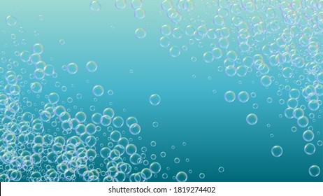 Detergent foam. Soap bath bubble and suds for bathtub. Shampoo. 3d vector illustration design. Multicolor fizz and splash. Realistic water frame and border. Blue colorful liquid detergent foam