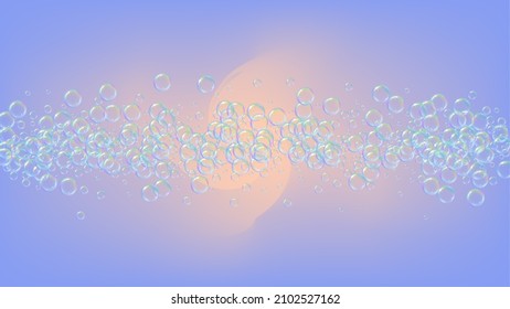 Detergent foam. Soap bath bubble and suds for bathtub. Shampoo. Blue fizz and splash. Realistic water frame and border. 3d vector illustration layout. Rainbow colorful liquid detergent foam