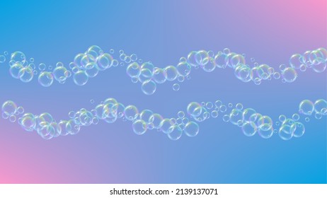 Detergent foam. Soap bath bubble and suds for bathtub. Shampoo. Rainbow 3d vector illustration layout. Aqua fizz and splash. Realistic water frame and border. colorful liquid detergent foam