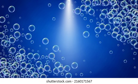 Detergent foam. Soap bath bubble and suds for bathtub. Shampoo. Vibrant fizz and splash. Realistic water frame and border. 3d vector illustration banner. Blue colorful liquid detergent foam