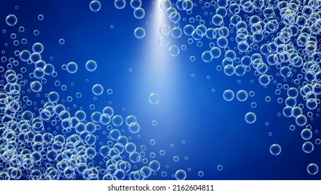 Espuma detergente. Baño de jabón y productos de baño para la bañera. Shampoo. Mínimo brillo y salpicaduras. Marco hídrico y frontera realistas. 3d volante de ilustración vectorial. Espuma detergente líquido de color azul