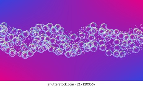 Detergent foam. Soap bath bubble and suds for bathtub. Shampoo. Trendy fizz and splash. Realistic water frame and border. 3d vector illustration layout. Purple colorful liquid detergent foam