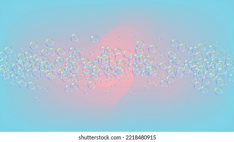Espuma detergente. Baño de jabón y productos de baño para la bañera. Shampoo. Afiche de ilustración vectorial 3d. Imagen creativa y salpicada. Marco hídrico y frontera realistas. Espuma de detergente líquido morado y colorido