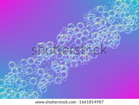 Detergent foam. Soap bath bubble and suds for bathtub. Shampoo. Vibrant fizz and splash. Realistic water frame and border. 3d vector illustration template. Purple colorful liquid detergent foam