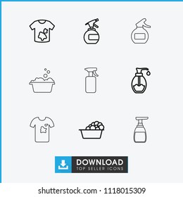 Detergent icon. collection of 9 detergent outline icons such as spray bottle, laundry, dirty laundry. editable detergent icons for web and mobile.
