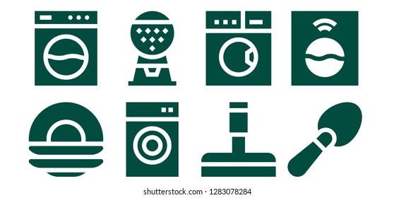 detergent icon set. 8 filled detergent icons. Simple modern icons about  - Dish, Washing machine, Machine, Glass cleaner, Laundry, Scoop