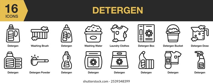 Detergent icon set. Includes box, bucket, dose, powder, laundry washing brush, and More. Outline icons vector collection.