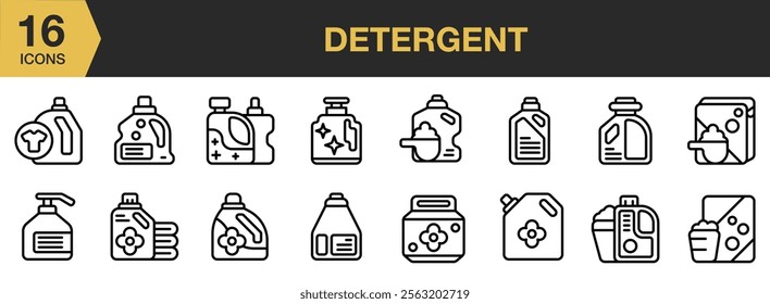 Detergent icon set. Includes Clean, Detergent, Laundry, Soap, Fragrant, and More. Outline icons vector collection.