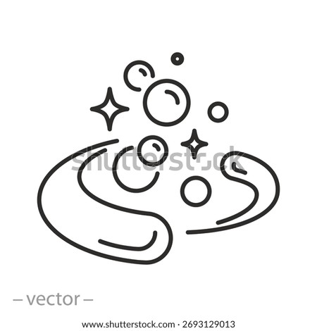 detergent icon, soap bubbles swirl, sparkling foam, shampoo or washing powder, linear vector illustration