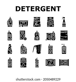 Detergent Organic Laundry Soap Icons Set Vector. Detergent Gel Container And Canister, Chemical Liquid And Powder, Pods And Balls. Housework Hygiene Pills Package Glyph Pictograms Black Illustrations