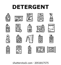 Detergent Organic Laundry Soap Icons Set Vector. Detergent Gel Container And Canister, Chemical Liquid And Powder, Pods And Balls Line. Housework Hygiene Pills Package Black Contour Illustrations