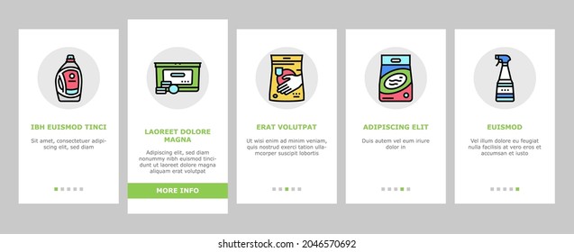 Detergent Organic Laundry Soap Onboarding Mobile App Page Screen Vector. Detergent Gel Container And Canister, Chemical Liquid And Powder, Pods And Balls Illustrations