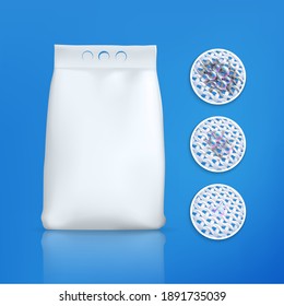 Detergent package, cleaning cloth laundry pack, vector realistic mockup in 3D. Laundry detergent powder blank package, plastic bag, fabric dirt before after washing, ultra white oxygen bubbles effect