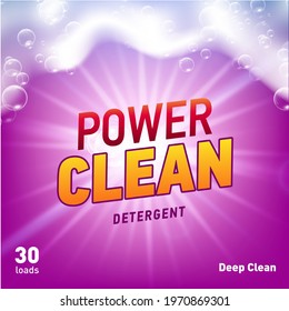 Detergent package design template with lens flare and realistic soap foam.