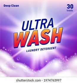 Detergent package design template with lens flare and realistic soap foam.