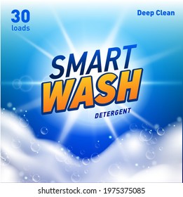 Detergent package design template with lens flare and realistic soap foam.