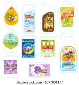 Detergent package vector cleaner washing product pack template illustration set of detergency powder packaging to wash or deterge and cleaning laundry advertising isolated on white background