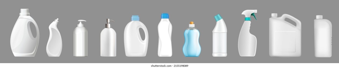 Producto detergente producto plástico botella vectorial mockup. Limpieza de limpieza y conjunto de recipientes para blanquear. Paquete de jabón líquido, pulverizador de limpieza y artículos de aseo