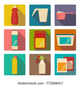 Detergent scoop in plastic containers isolated illustrations set