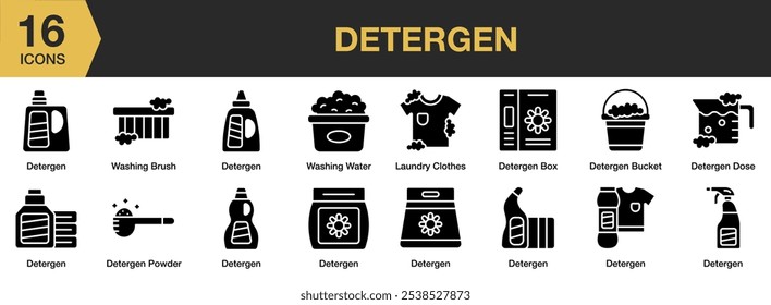 Detergent solid icon set. Includes box, bucket, dose, powder, laundry washing brush, and More. Solid icons vector collection.