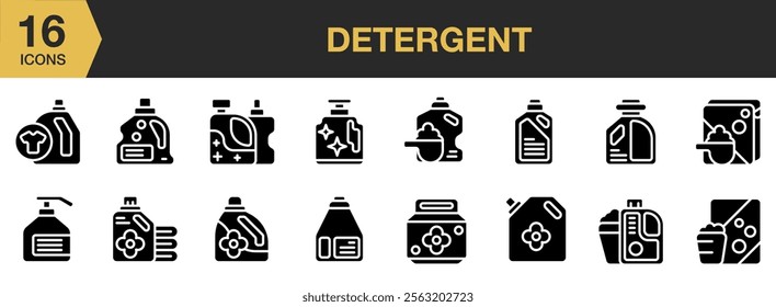 Detergent solid icon set. Includes Clean, Detergent, Laundry, Soap, Fragrant, and More. Solid icons vector collection.