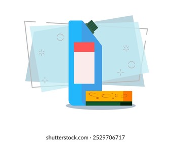 Detergent and sponge. Plastic bottle, cleanser, soap. Cleaning concept. Vector illustration can be used for topics like dish washing, chemicals, hygiene, disinfection