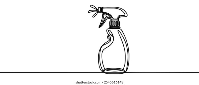 Detergent spray bottle dispenser vector. One line continuous drawing illustration. Hand drawn linear silhouette icon. Cleaning product, chemical household supplies. Minimal design.