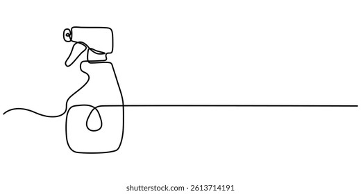  Detergent spray bottle dispenser vector. One line continuous drawing illustration. Hand drawn linear silhouette icon. Cleaning product, chemical household supplies. Minimal design.