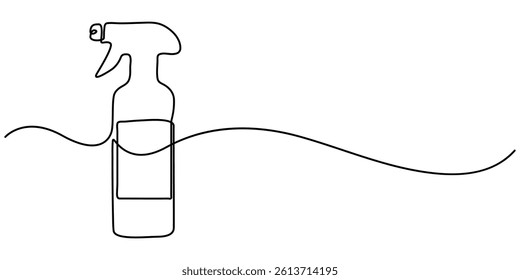  Detergent spray bottle dispenser vector. One line continuous drawing illustration. Hand drawn linear silhouette icon. Cleaning product, chemical household supplies. Minimal design.