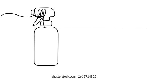  Detergent spray bottle dispenser vector. One line continuous drawing illustration. Hand drawn linear silhouette icon. Cleaning product, chemical household supplies. Minimal design.
