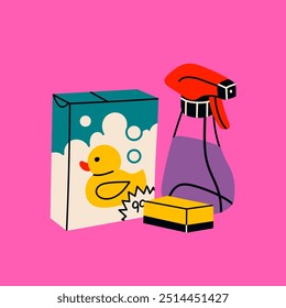 Detergent spray, soap powder, sponge. Cartoon style, flat design. Hand drawn modern Vector illustration. Isolated element. Cleaning, washing, housework, housekeeping, household concept