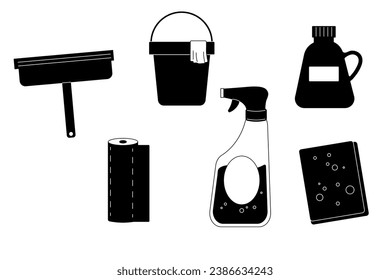 detergent, spray, window squeegee, bucket silhouettes of cleaning