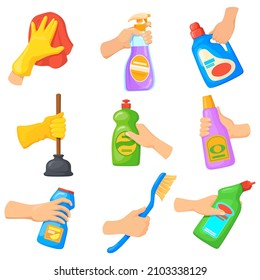 Herramientas de detergente en las manos. Productos de limpieza de retención de mano, caricatura desinfectar aerosol de superficie limpia, limpiar tela de polvo, cubo con botellas limpiadoras de botellas limpiador de trapos limpio ilustración de vector