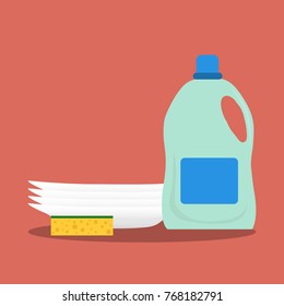 Detergent, washcloth and a set of clean plates. Flat design, vector illustration, vector.
