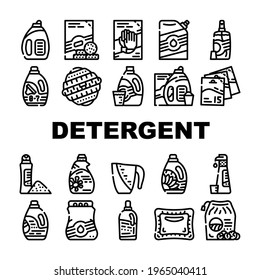 Detergent Washing Collection Icon Set Vector. Detergent Pods And Liquid, Laundry Ball And Pills, Organic Soap And Powder Bag Package Black Contour Illustrations