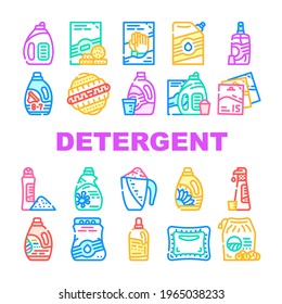 Kollektion von Detergent Washing Icon. Vektorset. Reinigungstupfer und Flüssigkeiten, Wäschetrockner und Pillen, Bio-Seife- und Pulver-Beutel-Konzept Linear Piktogramme. Contour-Illustrationen
