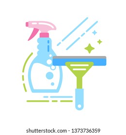 Detergent and window scraper flat color icon. Windows cleanup. Cleaning services. Spring cleaning. Housekeeping. Sign for web page, mobile app, banner. Isolated flat template.