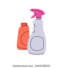 Detergents in bottles. Cleaning, washing liquids, spray cleaner, sanitary chemical gel in packages. WC cleanser, disinfecting products in packs. Flat vector illustration isolated on white background