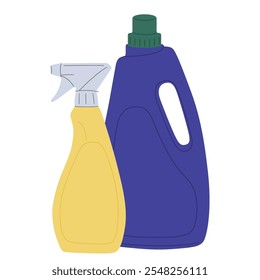 Detergents in bottles. Cleaning, washing liquids, spray cleaner, sanitary chemical gel in packages. WC cleanser, disinfecting products in packs. Flat vector illustration isolated on white background