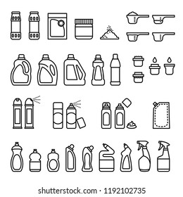 Detergents. Chemicals for cleaning and disinfection bottles icons. Thin Line Style stock vector.
