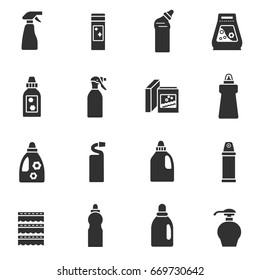 Detergents. Chemicals for cleaning and disinfection. Monochrome icons.