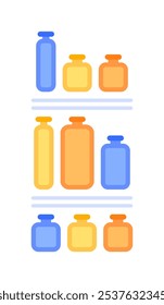 Detergents for cleaning dishes and kitchen on a shelf. Blue orange and yellow color. Flat cartoon style. White background. Vector illustration.