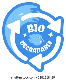 Detergentes o lociones de limpieza con contenido biodegradable. Suplemento seguro y ecológico para limpieza y limpieza en casa. Pegatina o etiqueta, emblema o logotipo. Vector de estilo plano