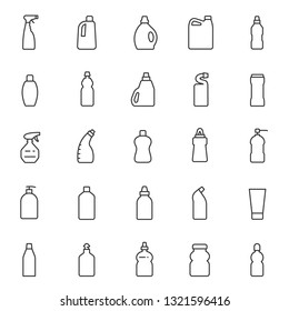 Detergents in different packages, icon set. Household chemicals for cleaning and disinfection, linear icons. Line with editable stroke