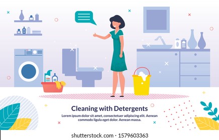 Detergents for Home Bathroom Cleaning Trendy Vector Advertising Banner, Promo Poster Template. Happy Woman, Housewife Standing in Cleaned, Shiny Home Bathroom, Satisfied with Cleaning Illustration