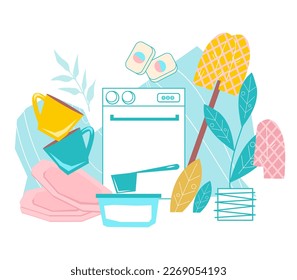 Detergentes y herramientas domésticas para limpieza y lavado, ilustración vectorial plana aislada en fondo blanco. Bienes domésticos para la higiene, limpieza y desinfección de utensilios de cocina.