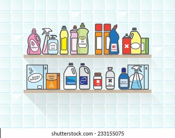 Detergents set on bathroom shelf including different types of packaging