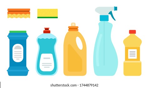 Detergents for unwashed dishes, kitchen vector illustration in flat design.