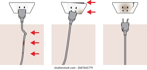 Deteriorated and dangerous outlets, plugs to plug in, cords