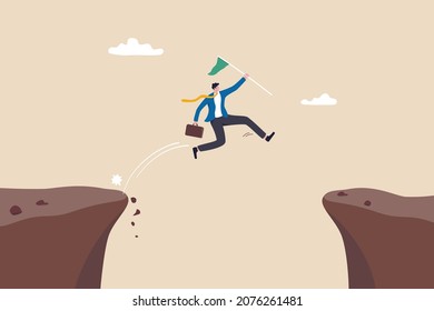 Determination and bravery to overcome obstacle and achieve business success, career challenge or motivation to win competition, determined businessman jump over cliff gap to achieve business target.